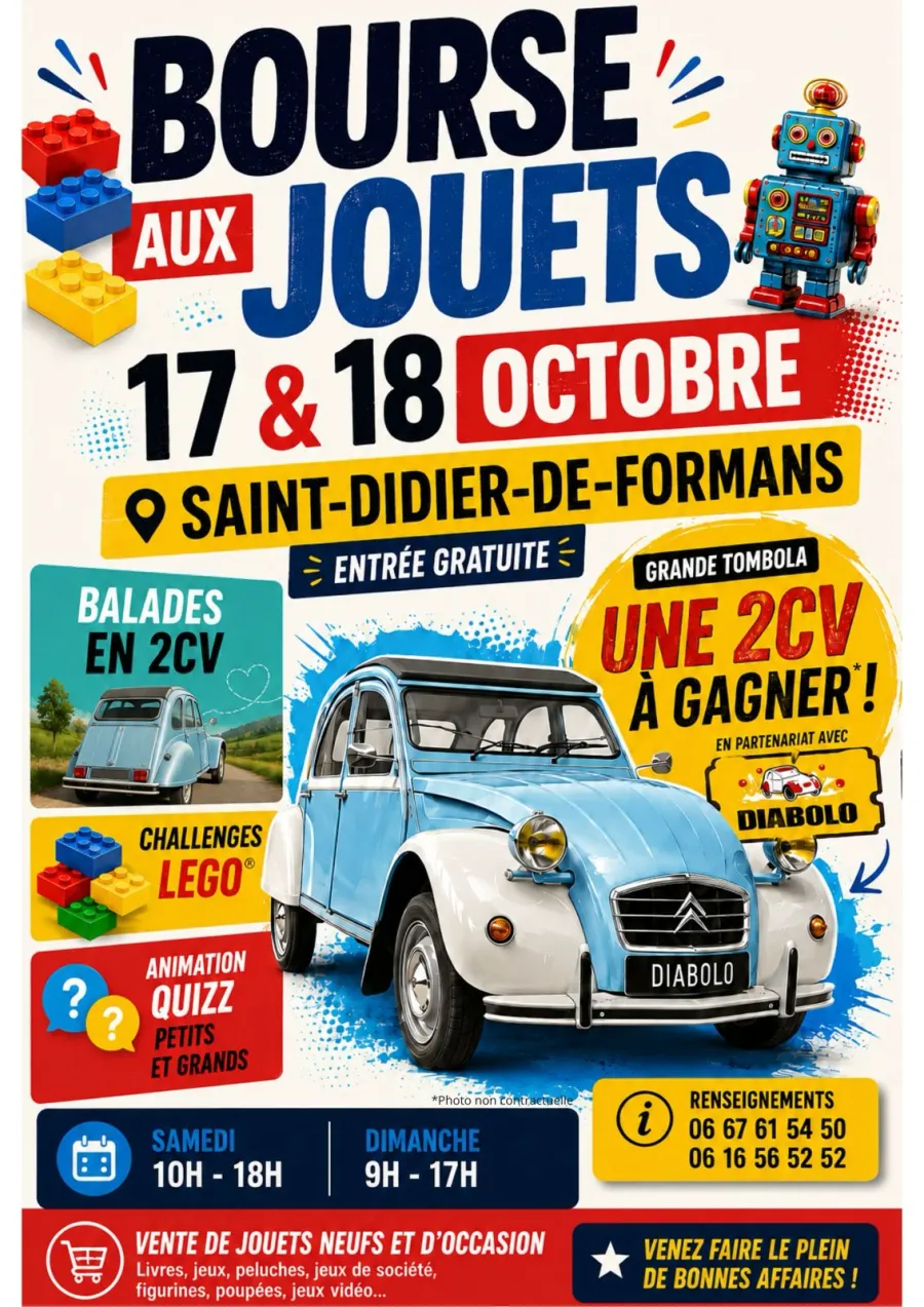 Affiche de la bourse aux jouets 2026 avec la 2CV à gagner