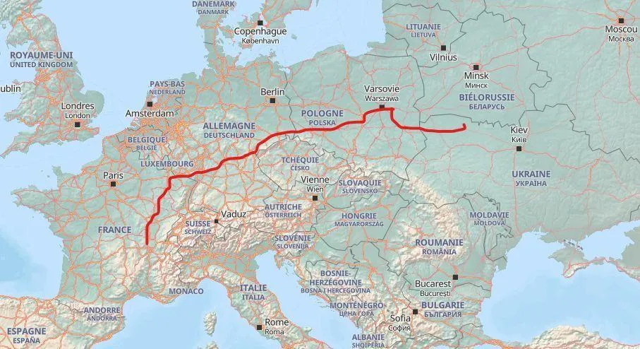 Carte de l'itinéraire de Saint-Didier-de-Formans à Bérezné, par l'Allemagne et la Pologne